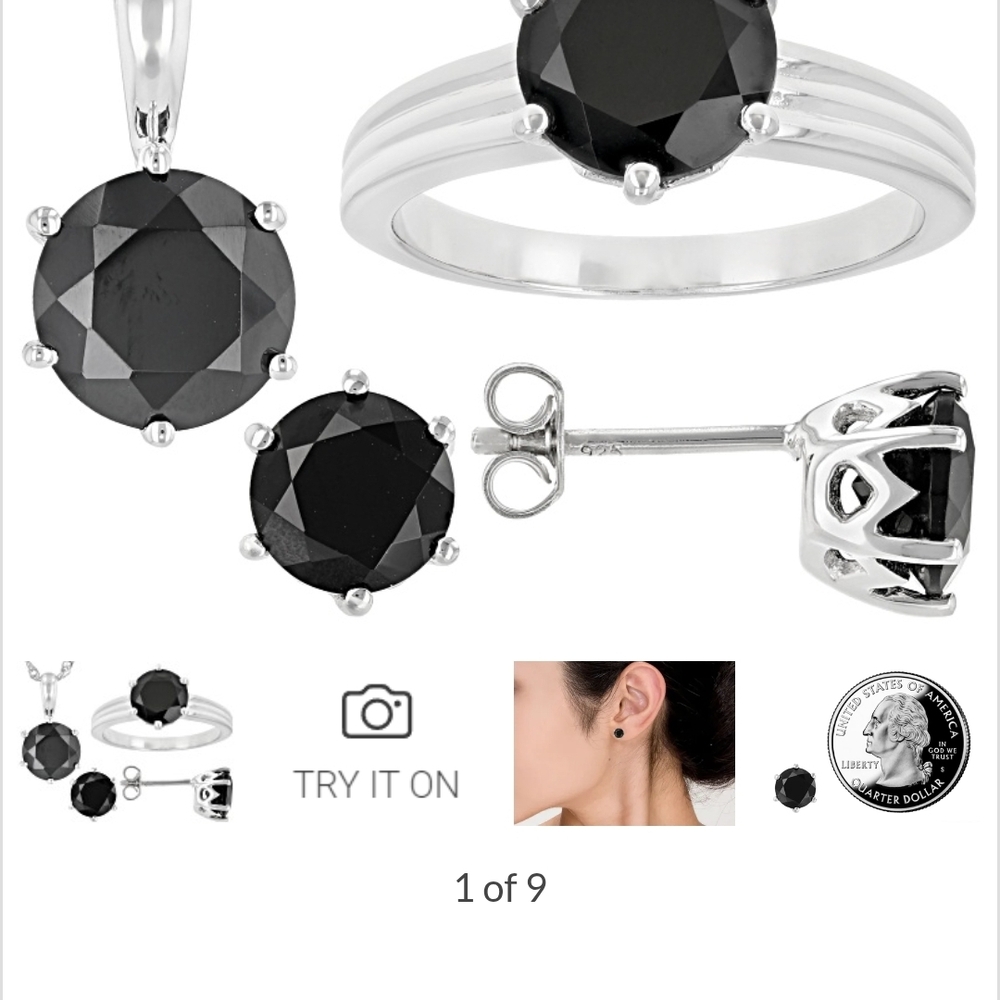 Black Spinel Rhodium plated Sterling Silver Earrings, Necklace, and Ring set.